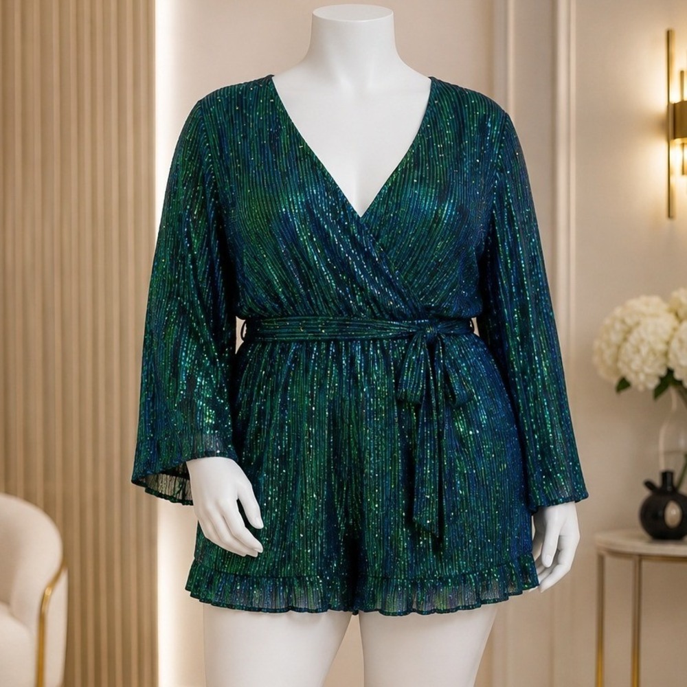 BloomChic Women Blouse Sequin Metallic Wrap Tie Waist Green Blue Plus Size 26